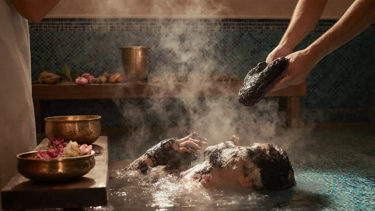 Person receiving a traditional Arabian Hammam scrub in a steamy tiled room with rosewater mist.