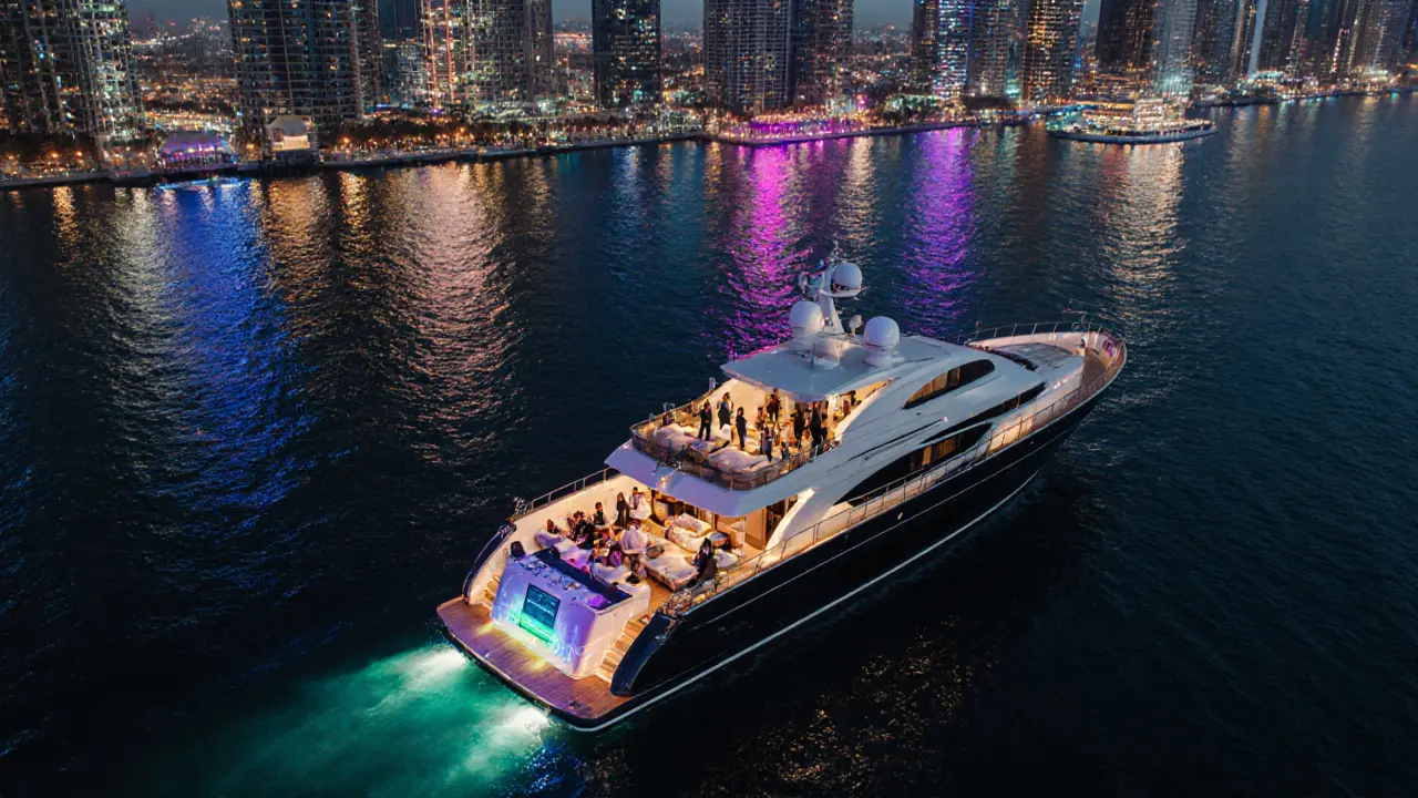 Private yacht cruising Dubai Marina at night with city lights reflecting on the water.