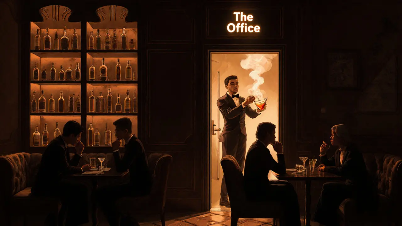 Secret bar behind a fridge with wooden shelves, mixologist pouring cocktail in dim amber light.