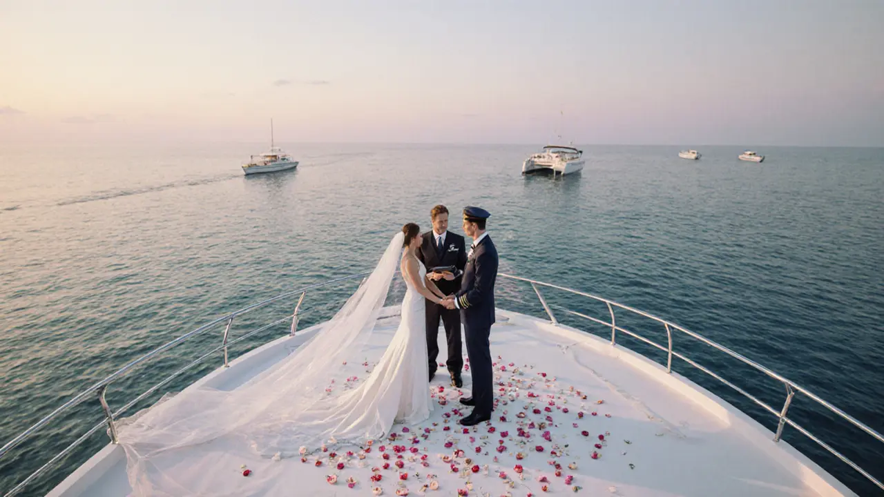 Serene wedding ceremony on a yacht at dawn with flowing fabric and calm sea.