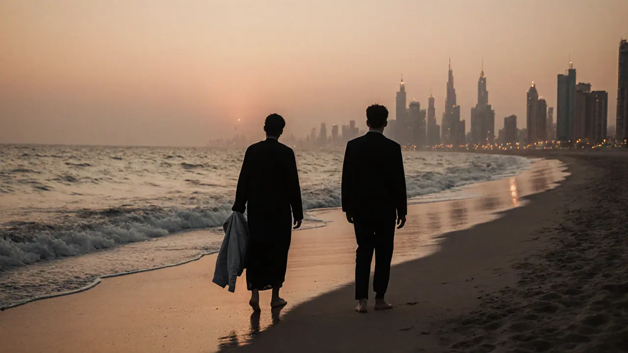 Silhouettes of two figures walking barefoot on a beach at dusk, waves rolling in, city skyline glowing softly in the distance.