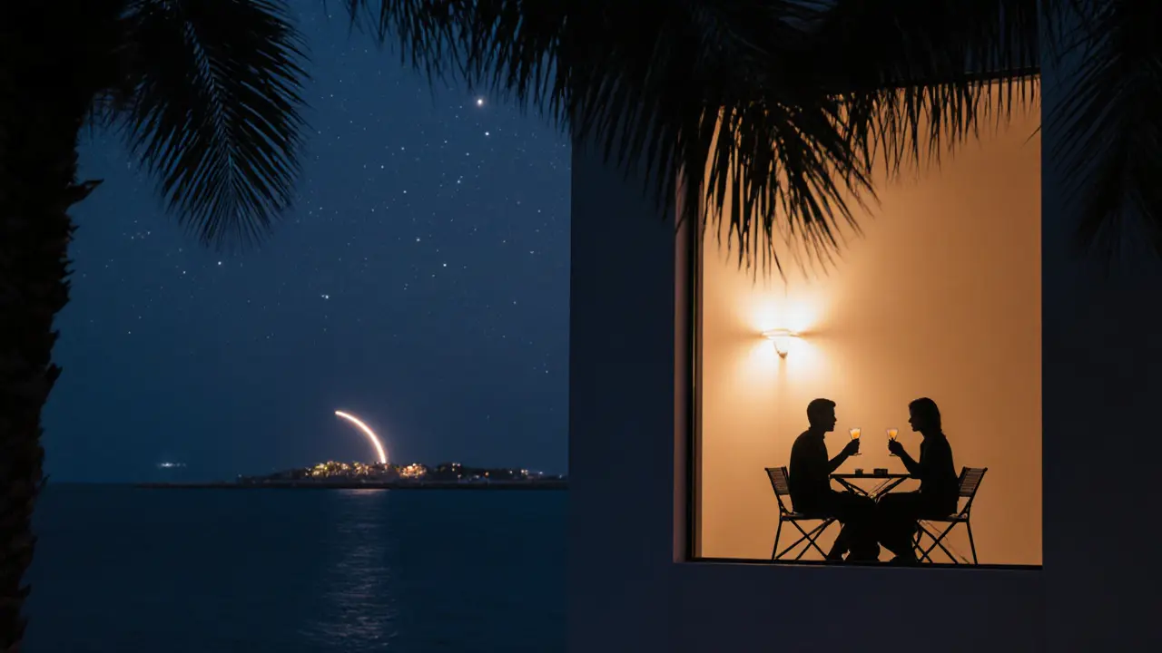 Silhouettes of two people on a private Palm Jumeirah terrace at twilight, ocean and stars in the background.