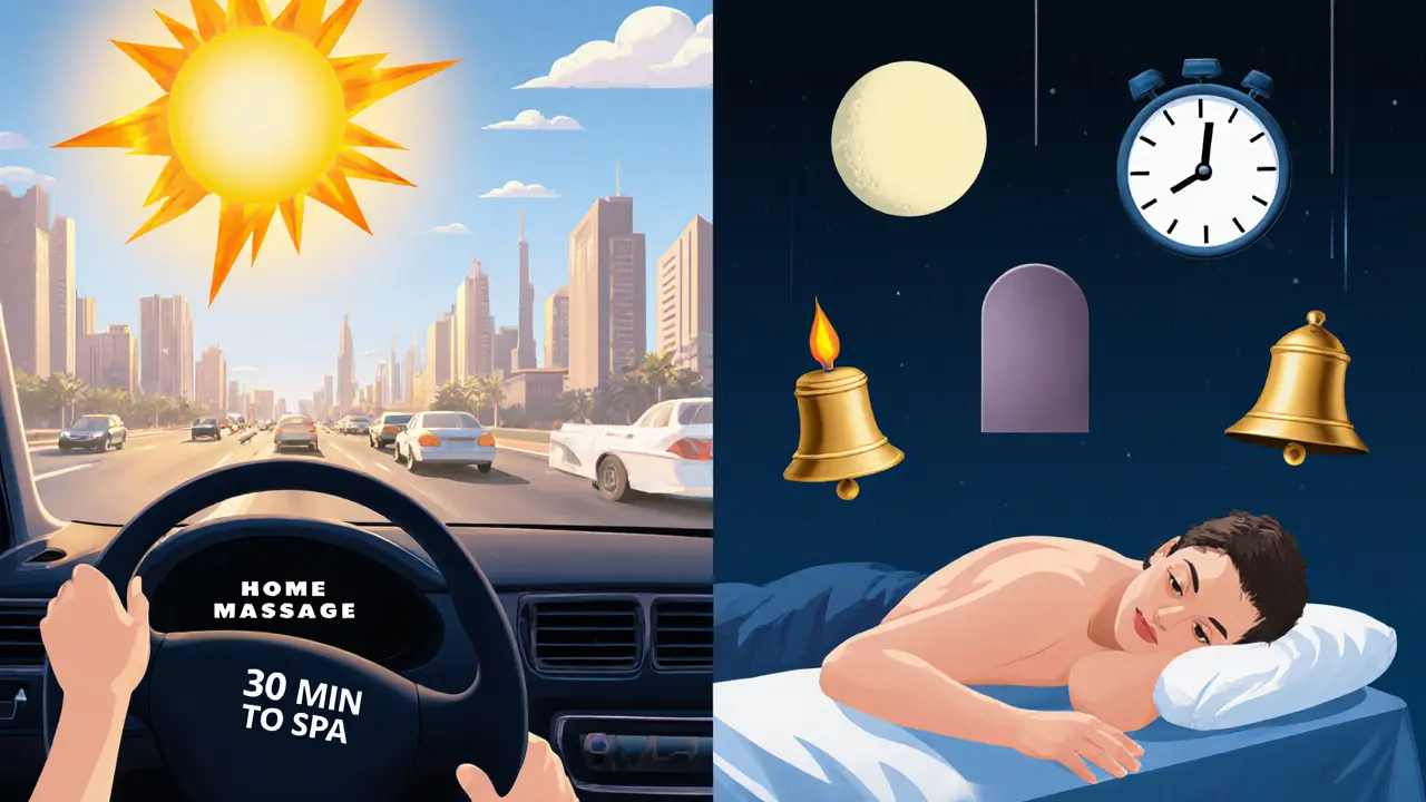 Split image showing the stress of commuting to a spa versus the peace of receiving a massage at home in Dubai.