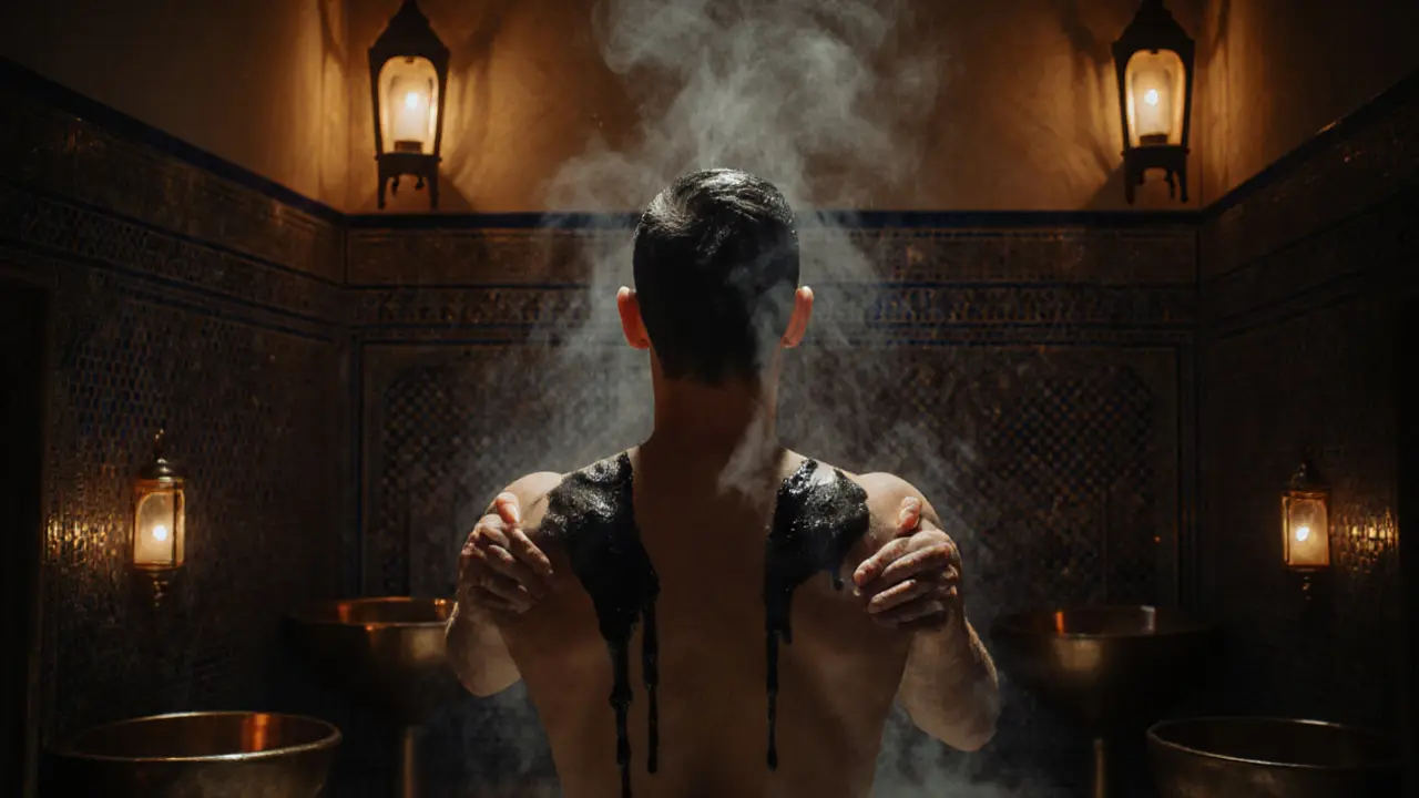 Steam rising in a traditional Arabic hammam as a person receives an oil massage with mosaic tiles around.