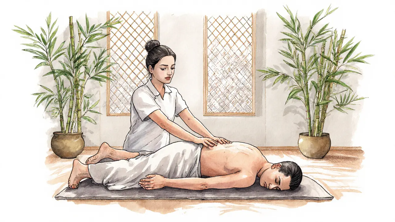 Thai massage therapist stretching a client in a calm, sunlit wellness room with bamboo plants.