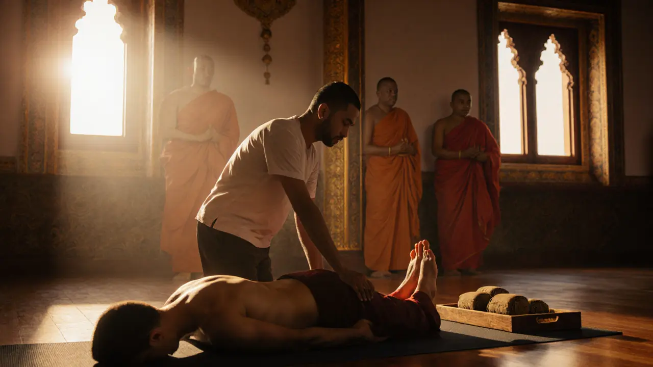 Therapist using feet to compress a client&#039;s back during a traditional Thai massage at a temple in Dubai.