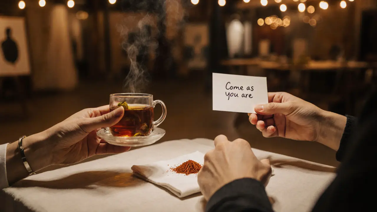 Three hands sharing tea, saffron, and a handwritten note at a hidden art show.