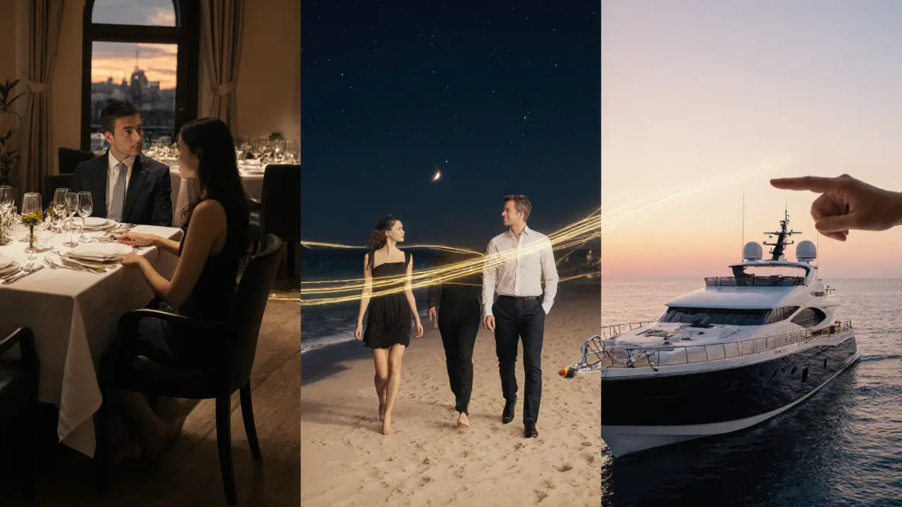 Three scenes linked by golden light: dining, walking, and sailing—each representing connection beyond transaction.