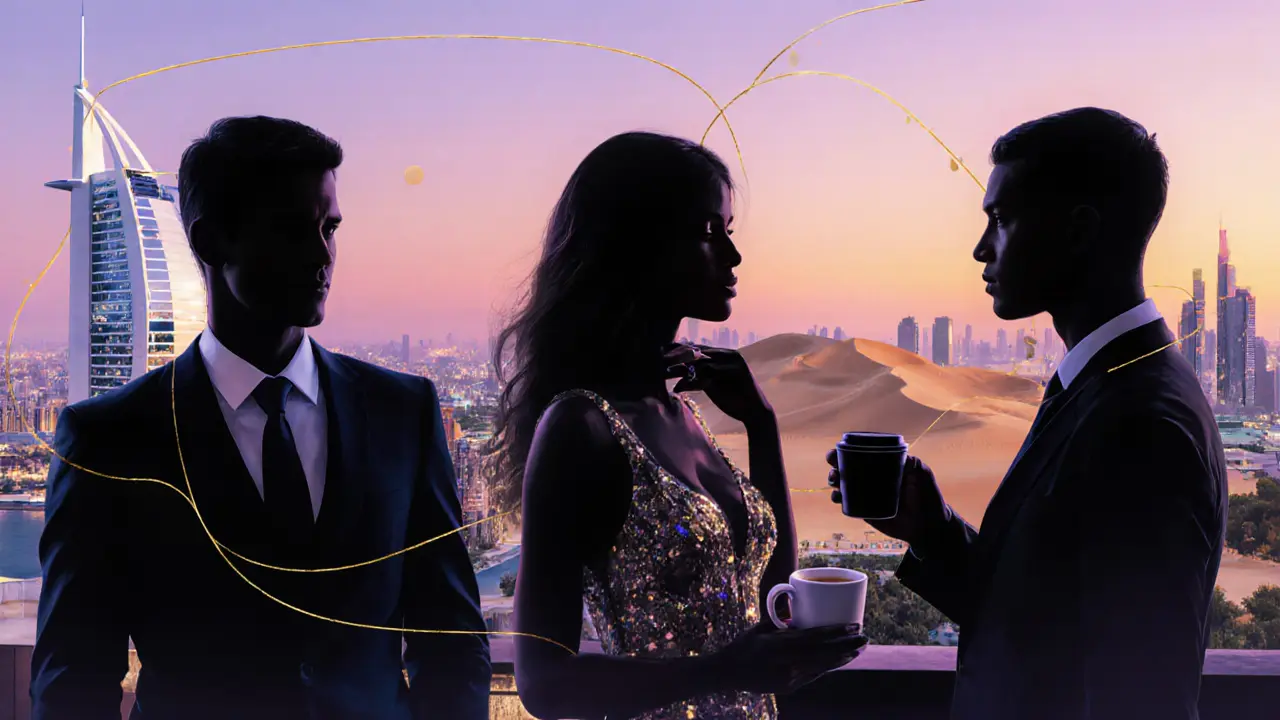 Three silhouettes represent different types of companionship against Dubai’s skyline, symbolizing professional, social, and specialty services.