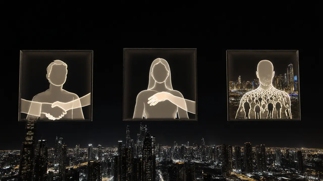 Three symbolic silhouettes above Dubai’s skyline representing companionship, massage, and nightlife, with companionship glowing brightest.