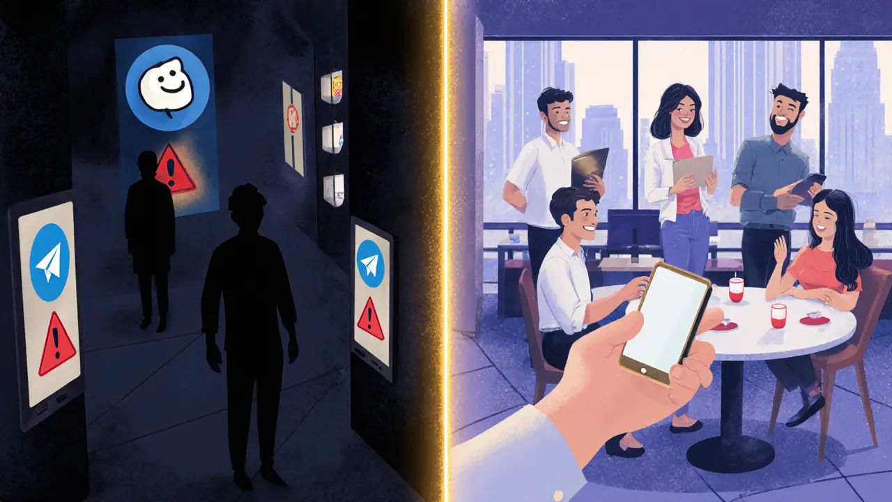 Two contrasting paths in Bur Dubai: one dark and risky, the other bright and connected through human interaction.