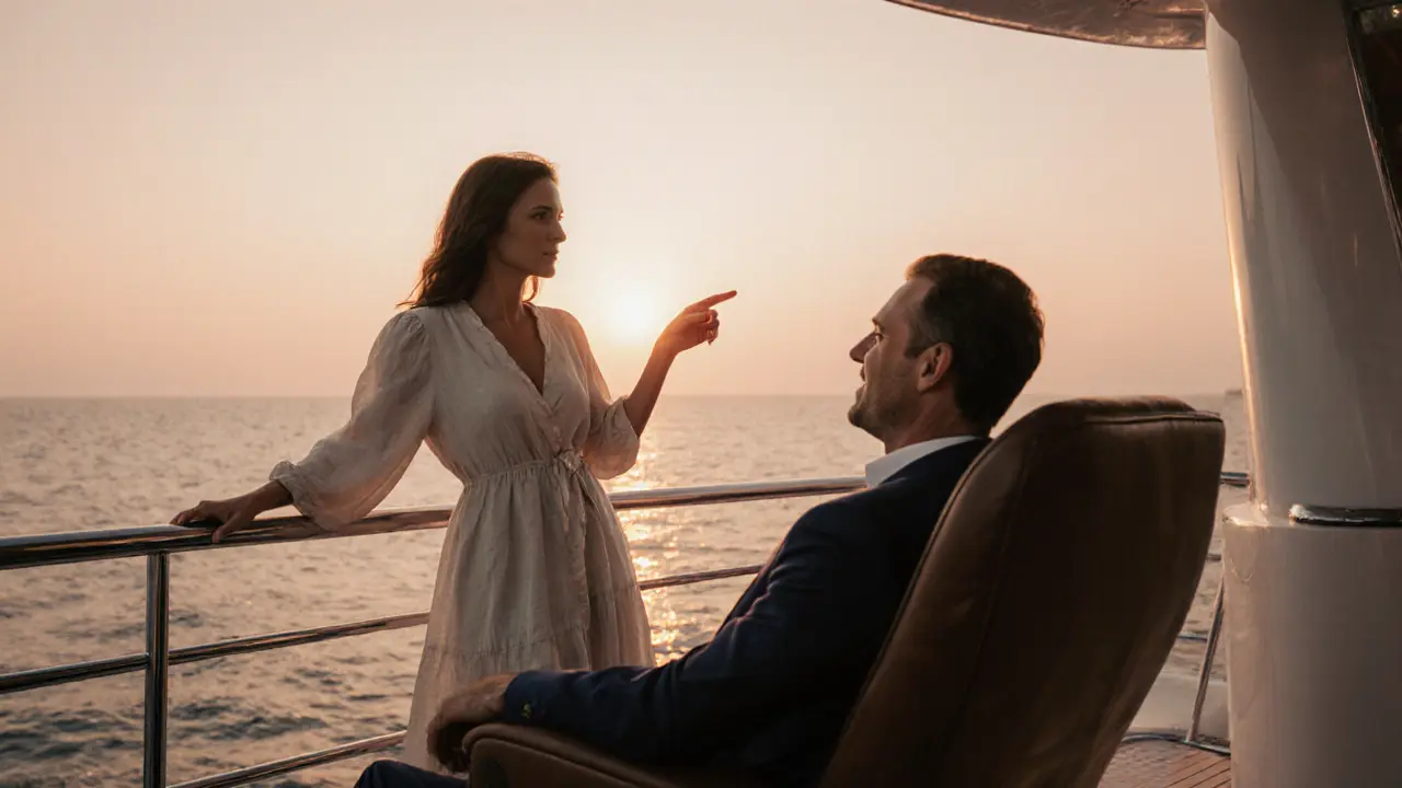 Two figures on a private yacht at sunset, one gesturing toward the horizon as the city glows behind them.