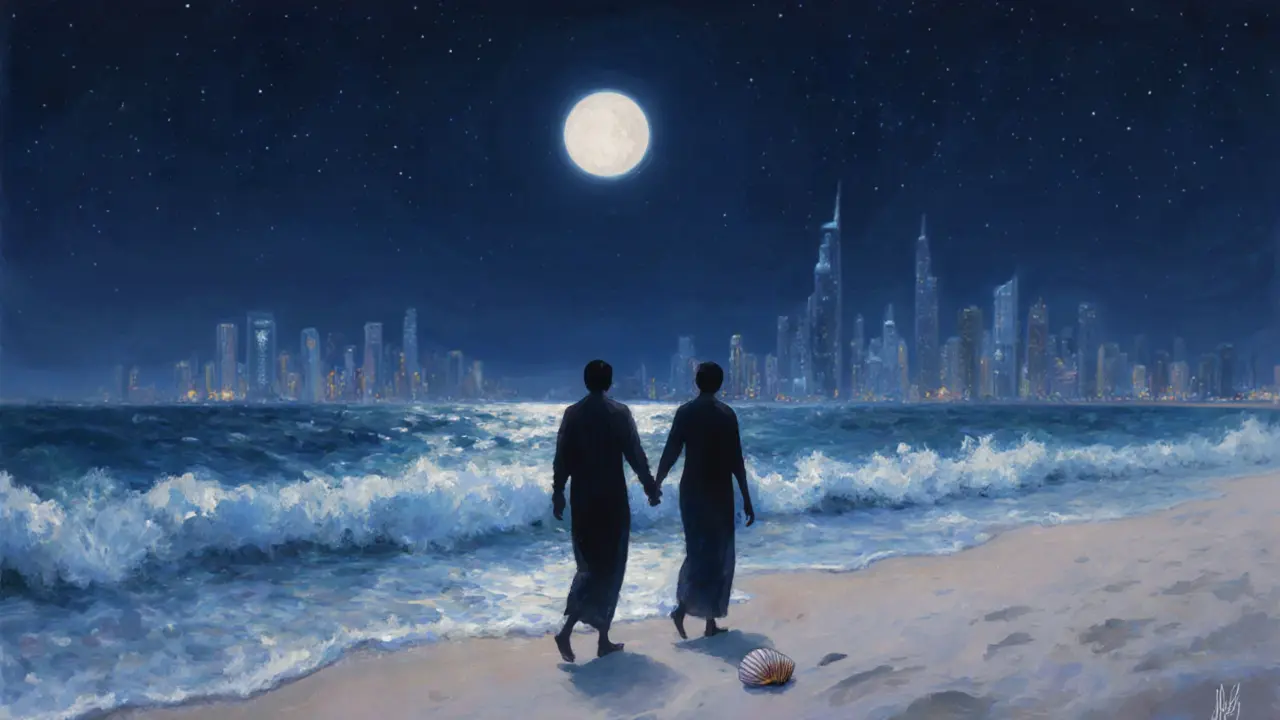 Two figures walking along JBR Beach at midnight, silhouetted against the glowing Dubai skyline under a starry sky.