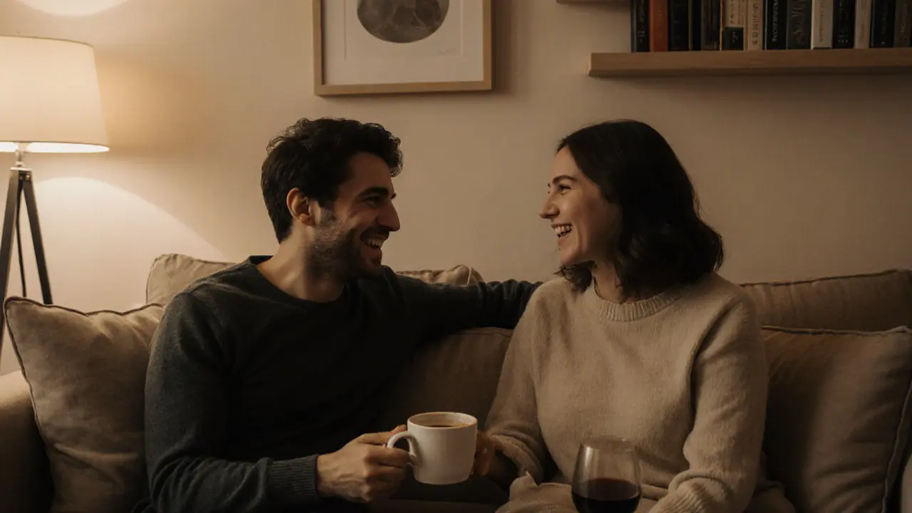 Two people sharing a calm, platonic moment over coffee in a cozy apartment, no physical contact.