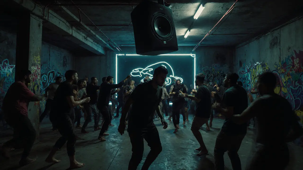 Underground warehouse rave in Al Quoz with neon lights and crowd dancing on concrete floor.