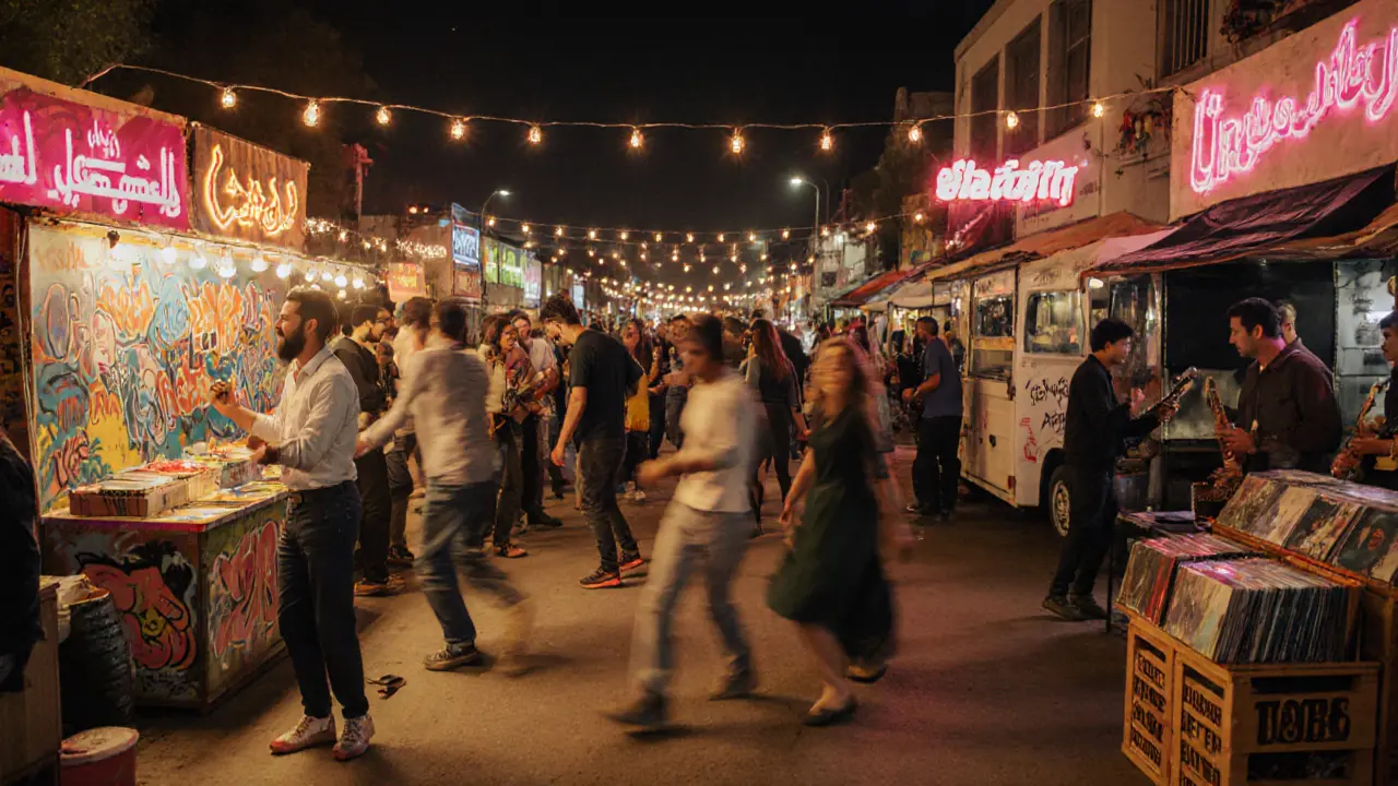 Vibrant midnight market with graffiti art, food trucks, vinyl stalls, and live jazz band under string lights.