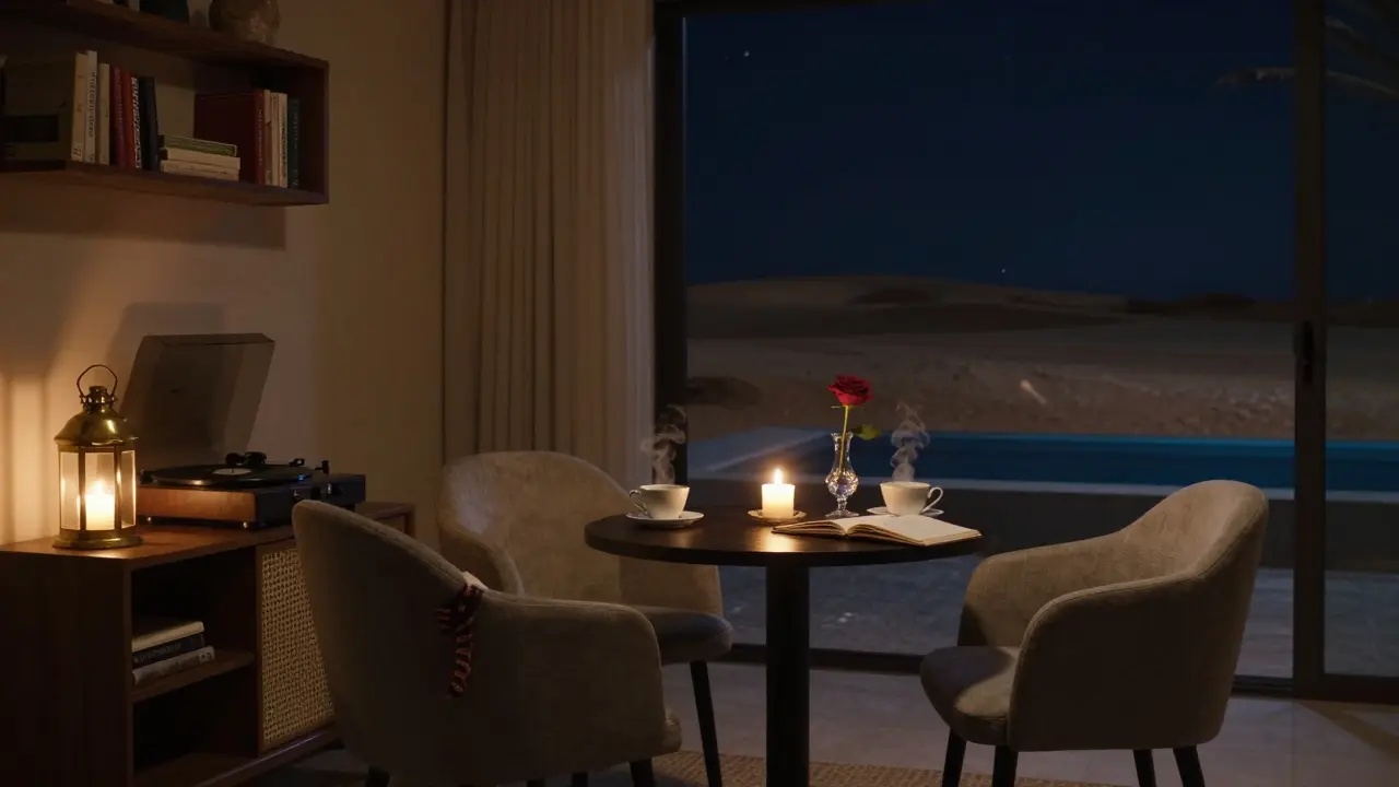 A candlelit villa interior with books, music, and tea—evidence of a quiet, intimate evening spent together.