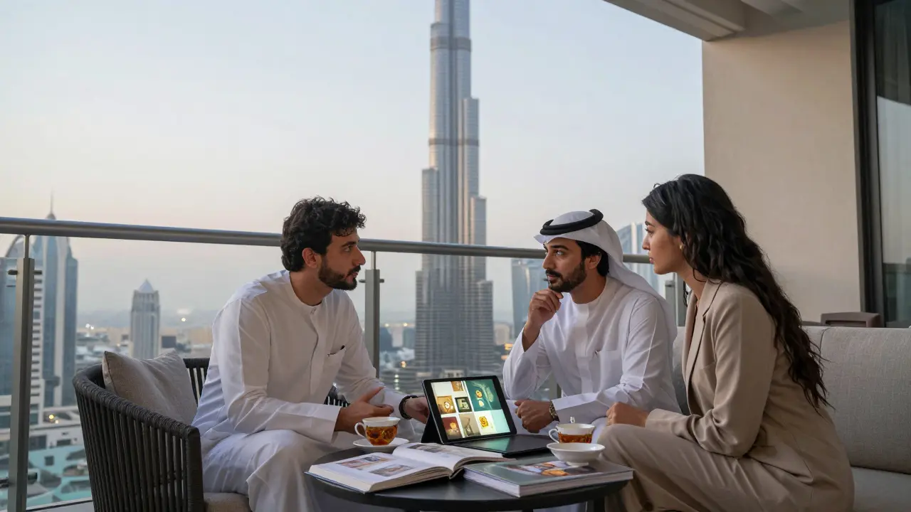 A client and companion discussing art and culture in a luxury Dubai hotel suite at dusk.