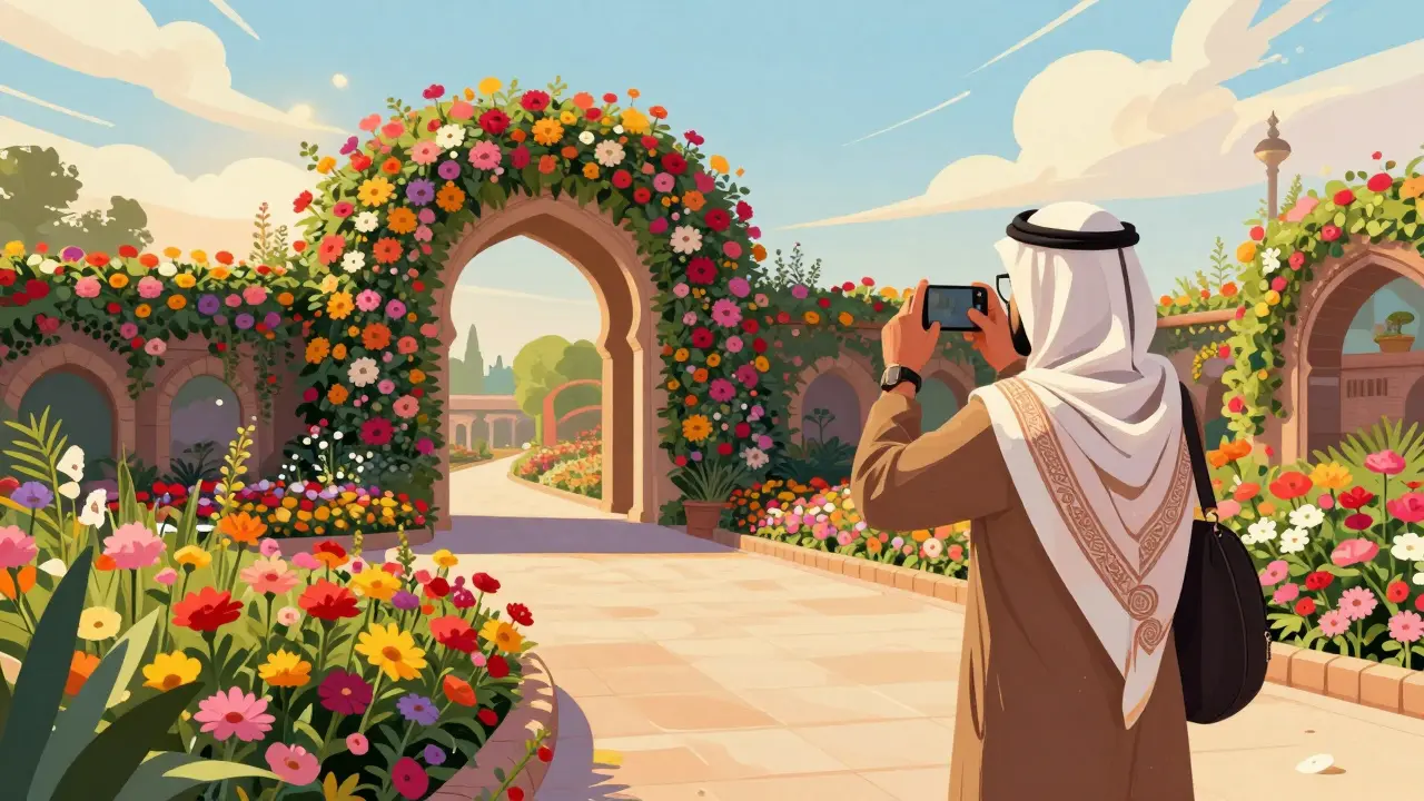 A companion guides a traveler through colorful flower tunnels in Dubai Miracle Garden.