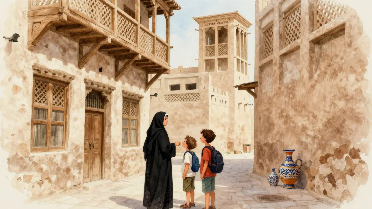 A companion guides a traveler through the historic alleyways of Al Fahidi Neighborhood.