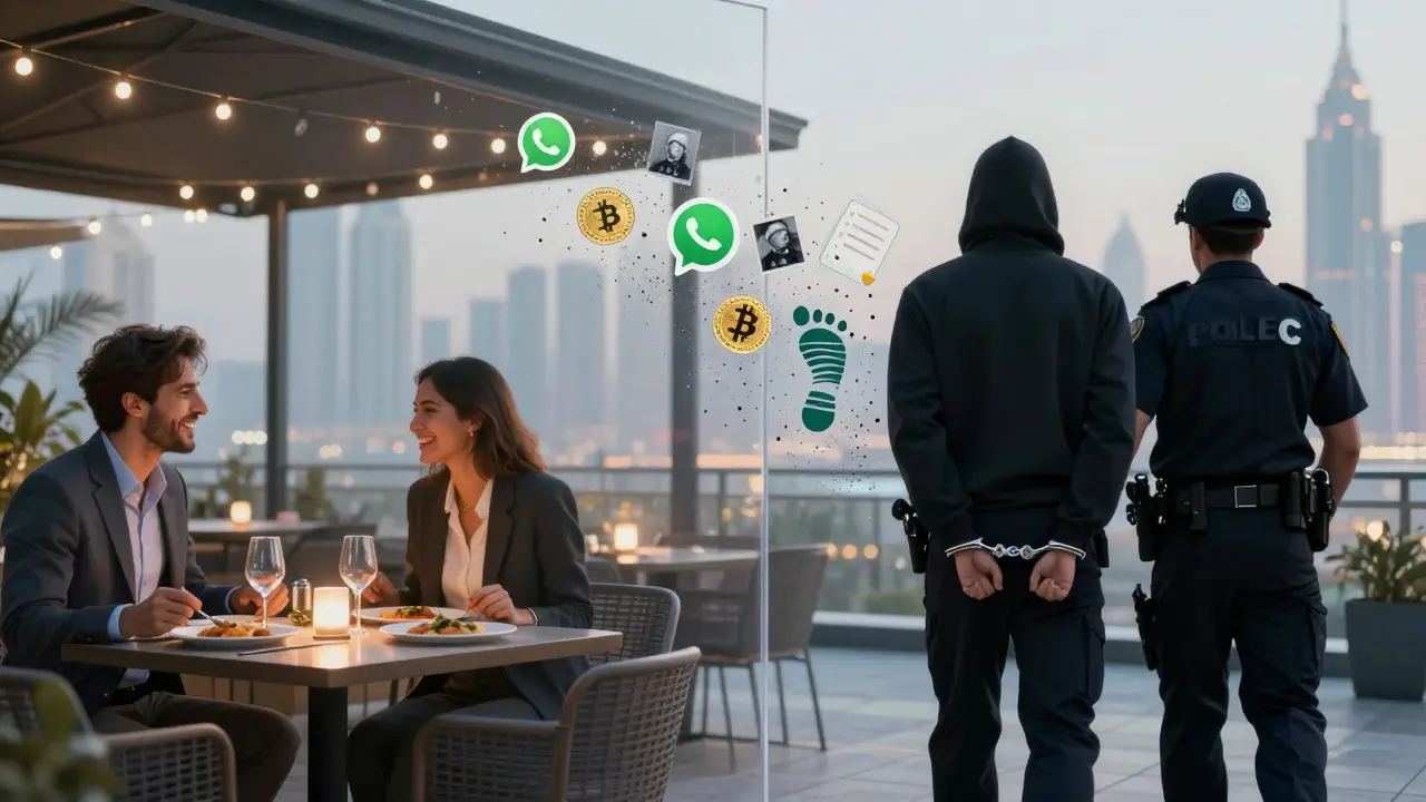 A conceptual split image: warm companionship on one side, police arrest on the other, with digital traces dissolving into dust.