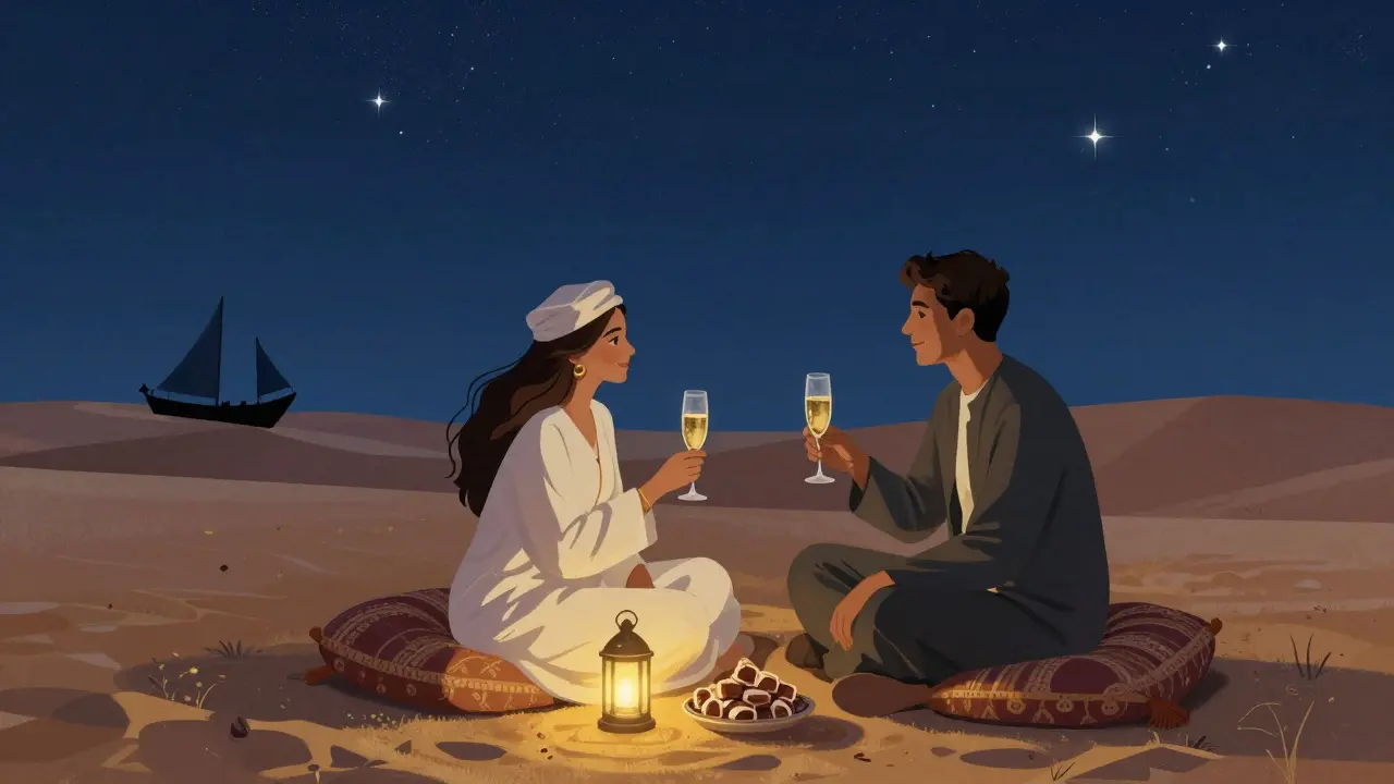 A couple enjoying a romantic desert dinner under the stars with lanterns and traditional cushions.