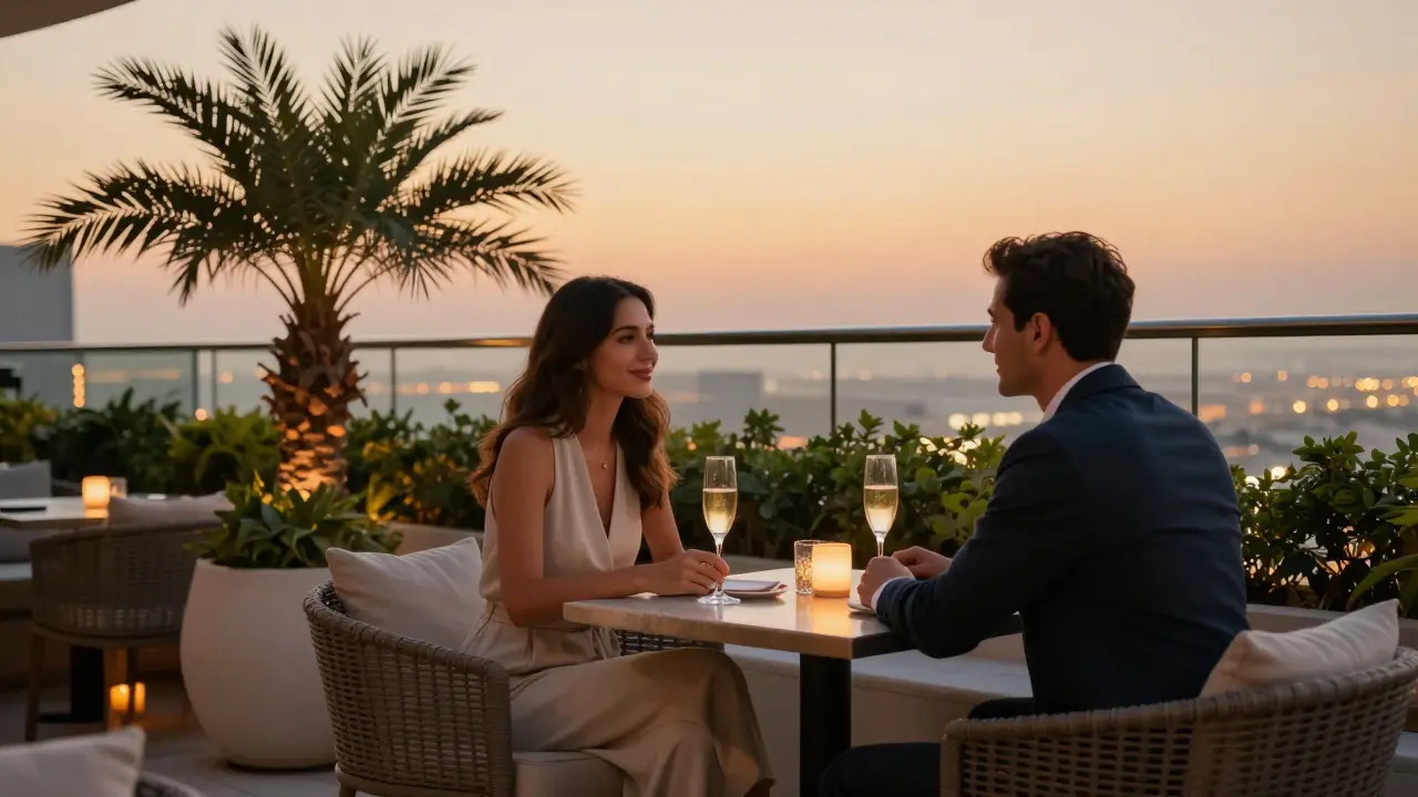 A couple enjoys quiet conversation on a Dubai rooftop lounge at sunset, surrounded by city lights and greenery.