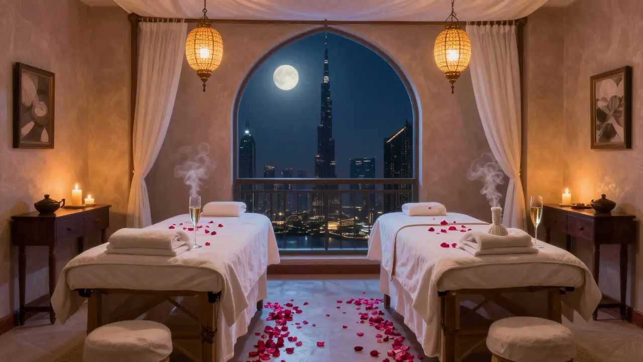 A couples&#039; spa suite in Dubai with rose petals, champagne, and lanterns, overlooking the Burj Khalifa at night.