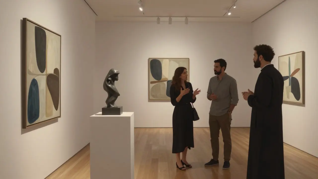 A cultural companion and client viewing contemporary art in a quiet Alserkal Avenue gallery.