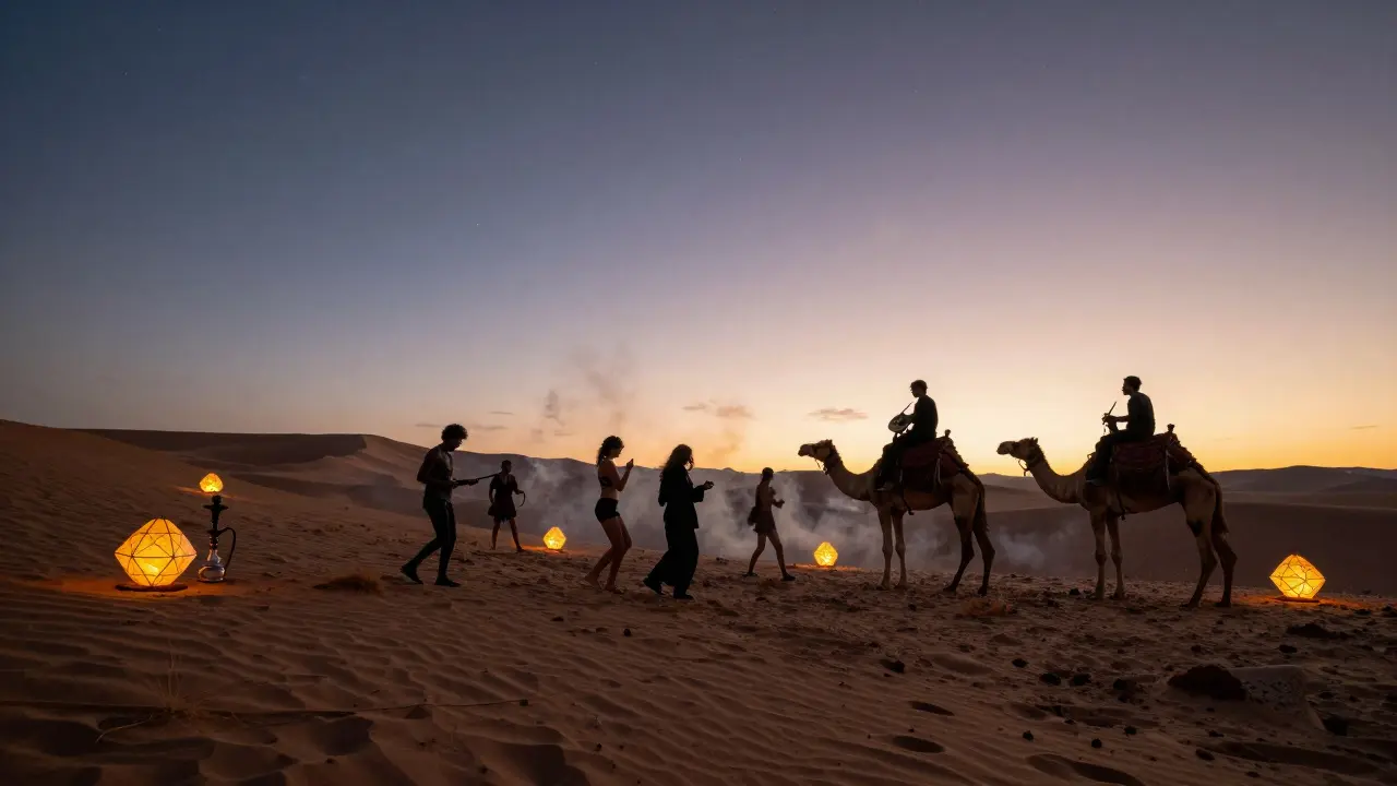 A desert rave at sunrise with silhouetted dancers, glowing lanterns, and a musician playing an oud under a starry sky.