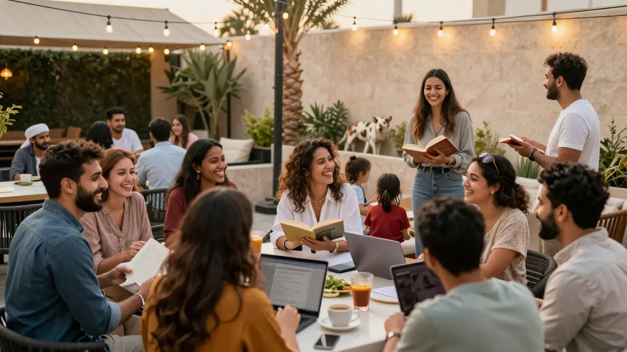 A diverse group enjoys an outdoor book club in Abu Dhabi, celebrating safe, legal social connections.