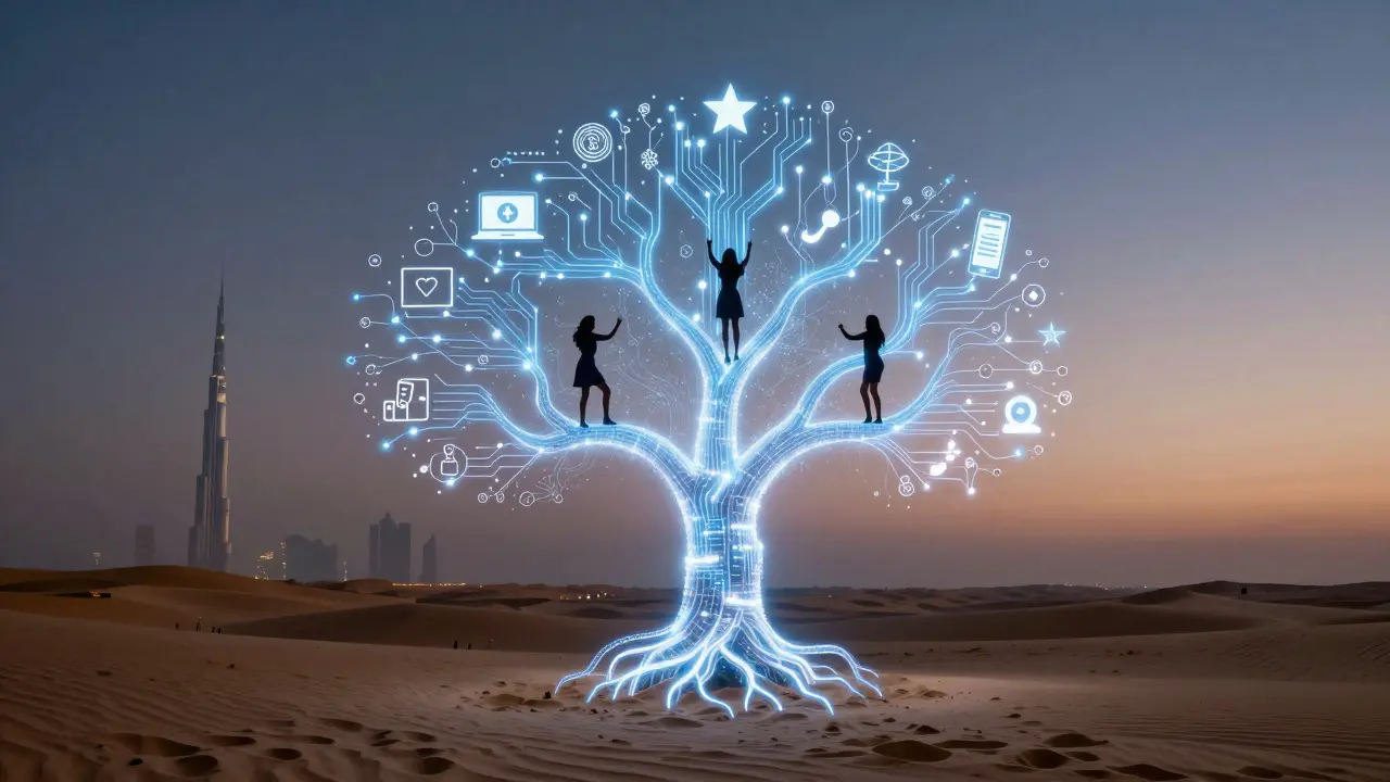 A glowing digital tree in the desert symbolizing women's innovation and growth in Dubai.