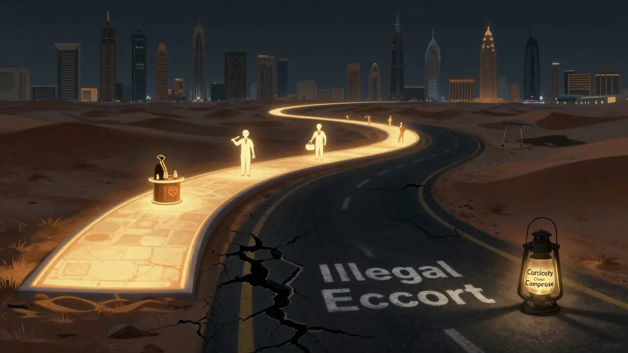 A glowing legal path through Dubai’s skyline versus a collapsing illegal road, symbolizing safe choices.