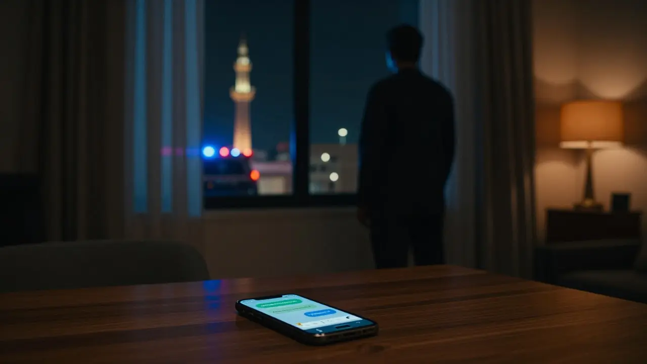A glowing phone on a table with ominous shadows and police sirens in the distance.