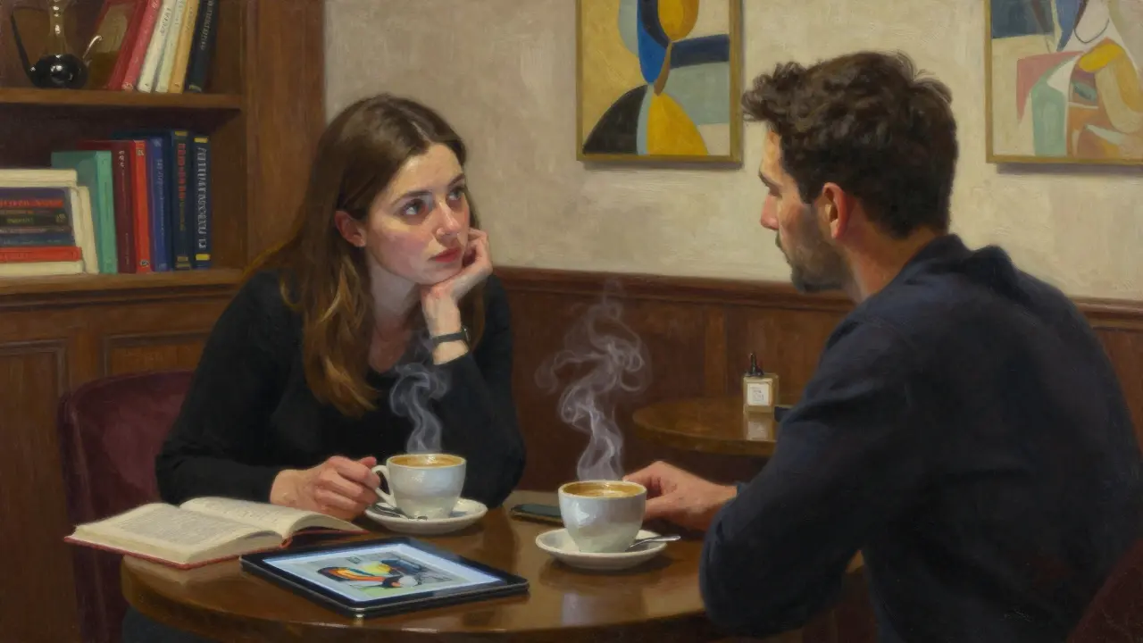 A man and woman having a thoughtful conversation in a cozy Dubai coffee lounge.