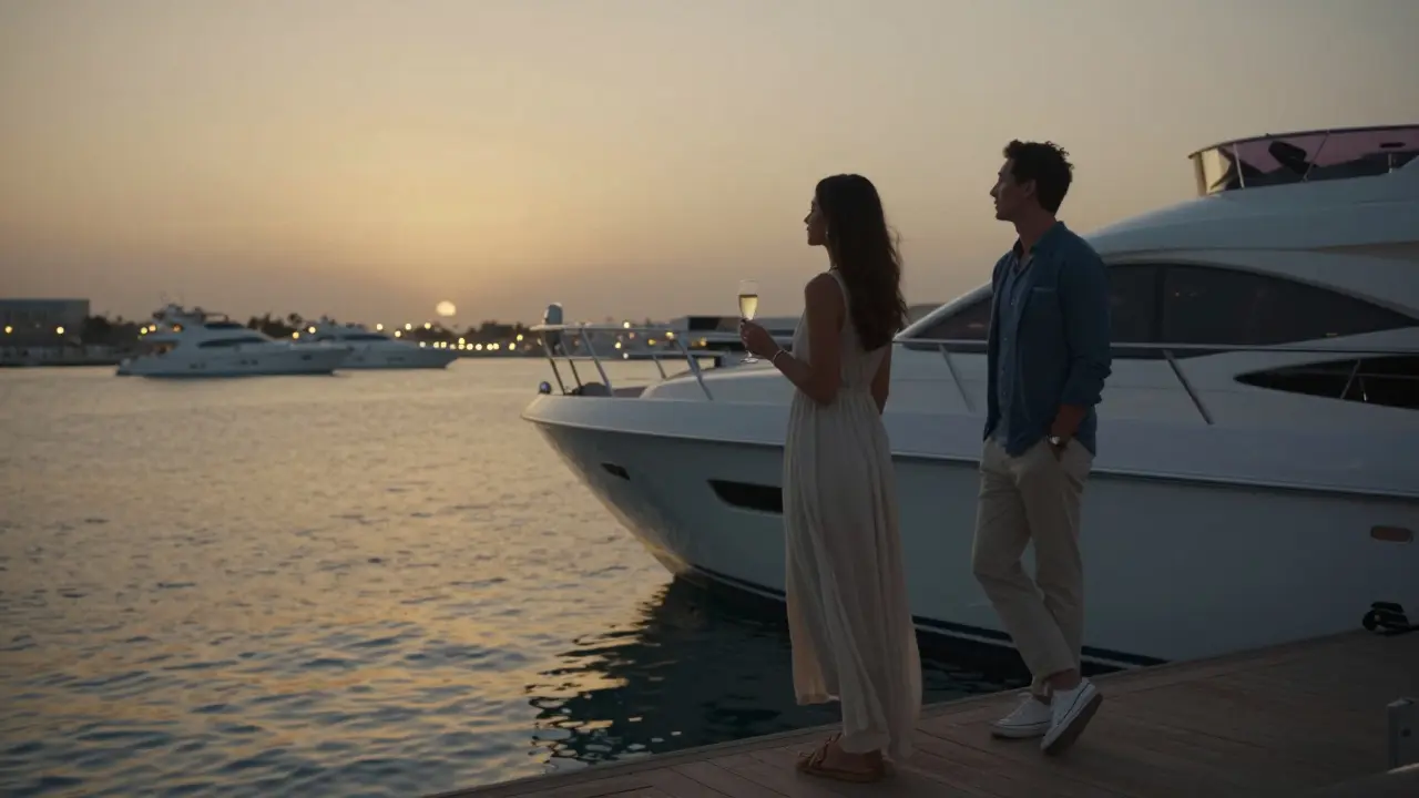 A man and woman stand silently on a private yacht at sunset in Dubai Marina, champagne glasses in hand, city lights beginning to twinkle in the distance.