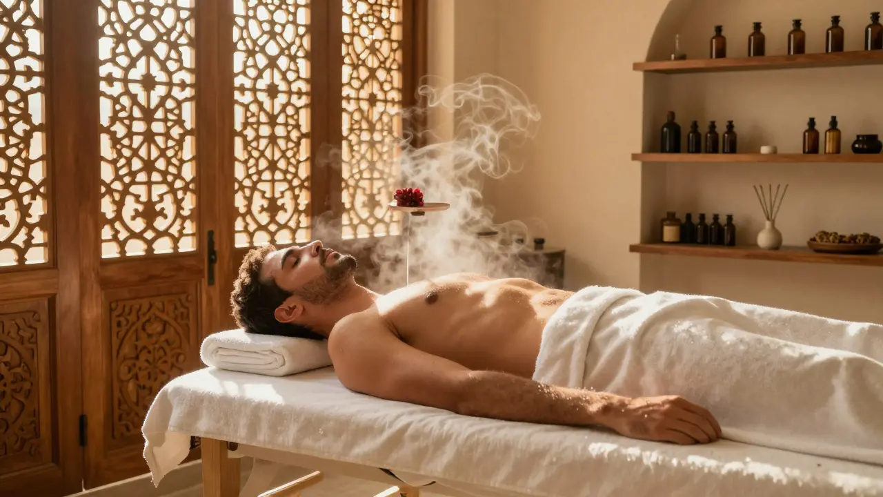 A man relaxes in a traditional Emirati spa, bathed in warm golden light from wooden screens.