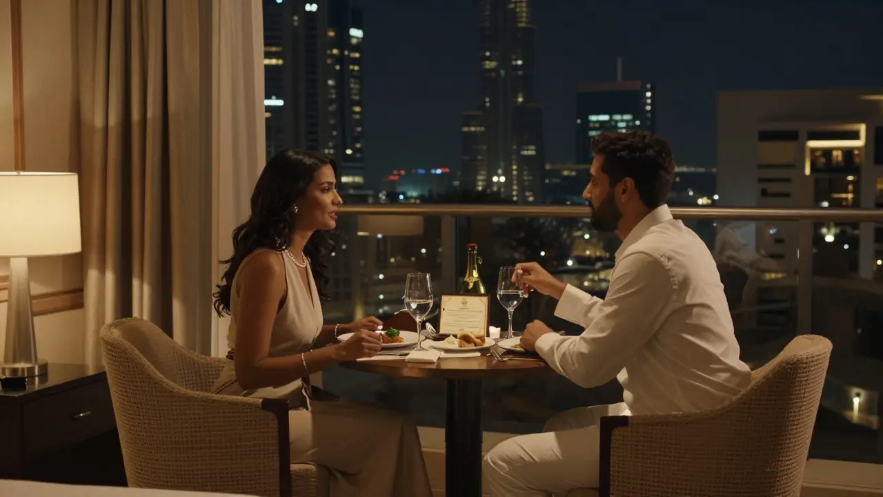 A married couple sharing a quiet dinner on a hotel balcony in Dubai, with a marriage certificate visible.