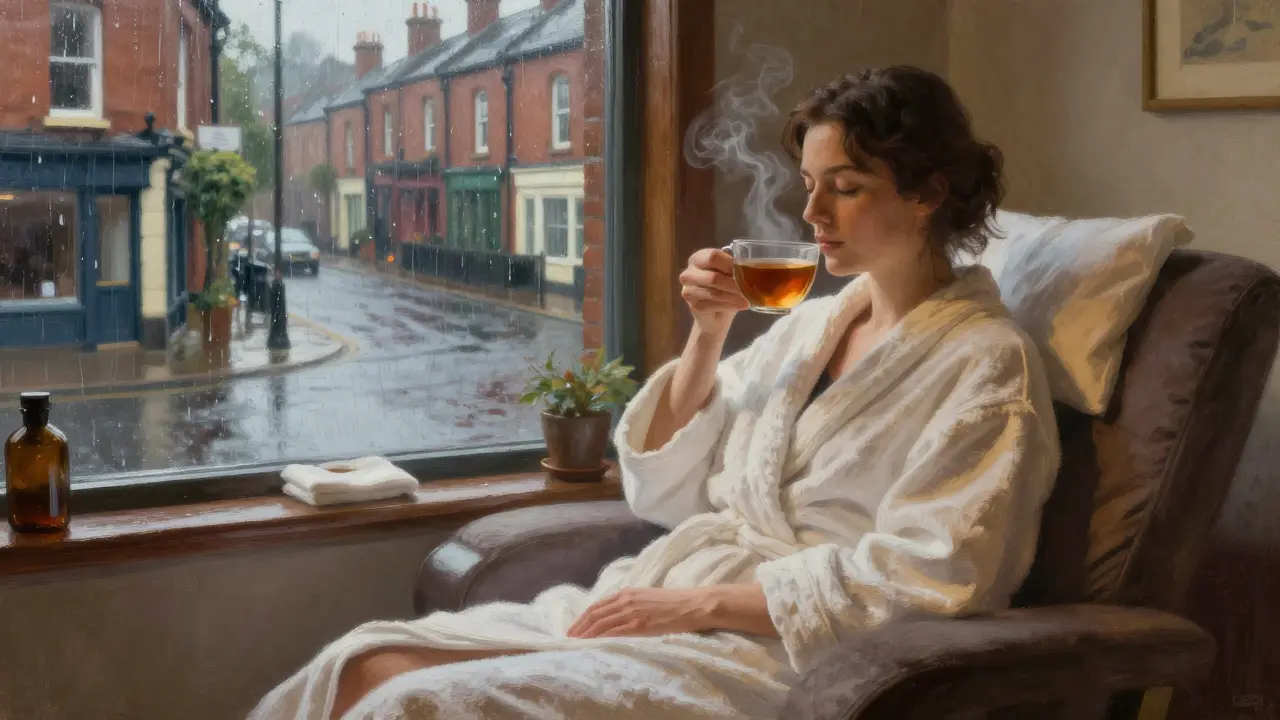 A relaxed person in a robe sipping tea after a massage, rain falling softly outside a spa window.
