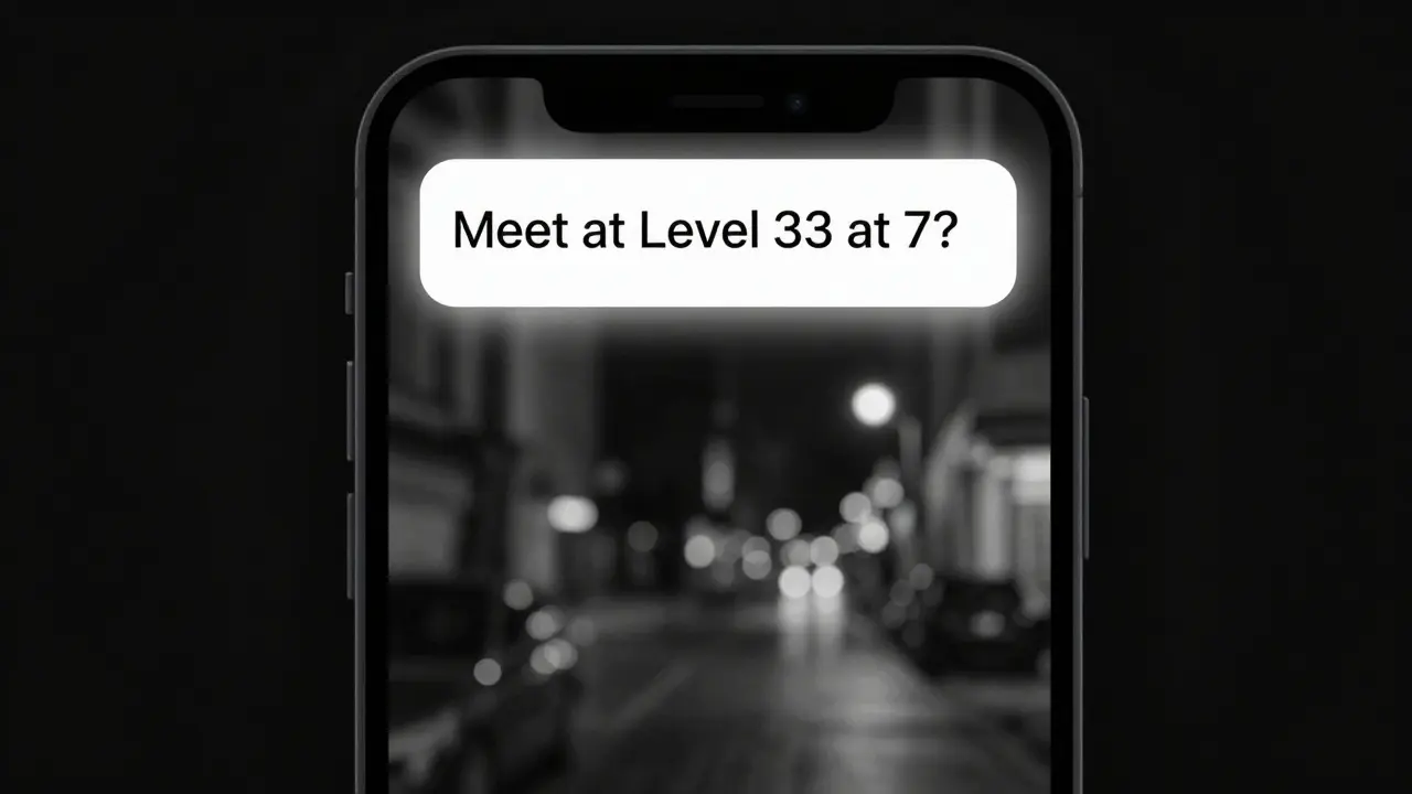 A smartphone displaying an encrypted message about meeting at a Dubai rooftop bar.