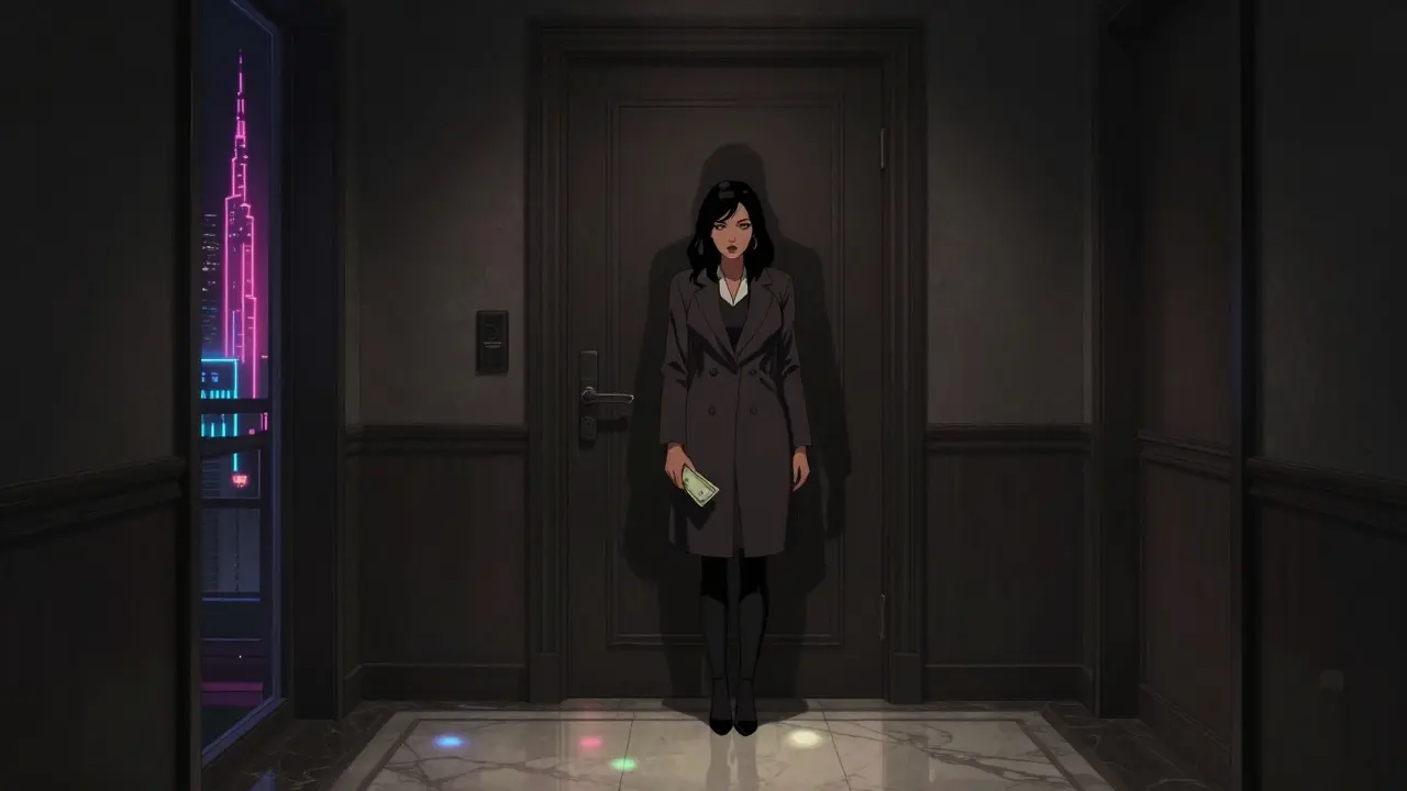 A woman hesitates in a dim Dubai hotel hallway, holding cash, as a shadowed figure waits behind a door.