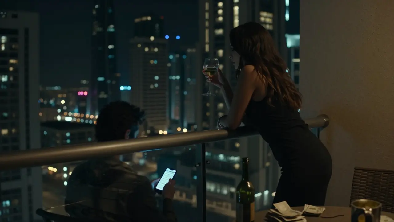 A woman on a Dubai balcony at night, wine in hand, city lights behind her, a blurred figure below, hinting at hidden danger.