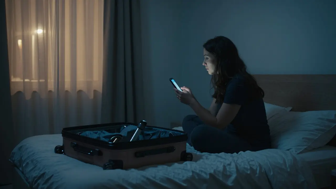A woman sits alone in a modest apartment, staring at her phone with a suitcase nearby.