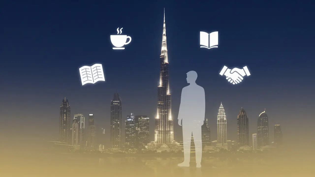 Abstract silhouette beside Dubai skyline with icons representing companionship and culture.