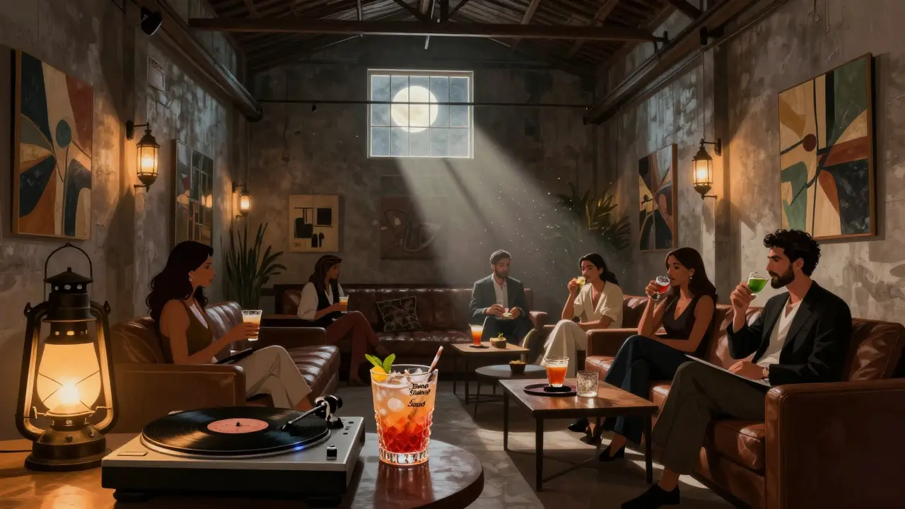 An intimate art lounge inside a warehouse with dim lighting, vinyl records, and patrons sipping Middle Eastern cocktails.