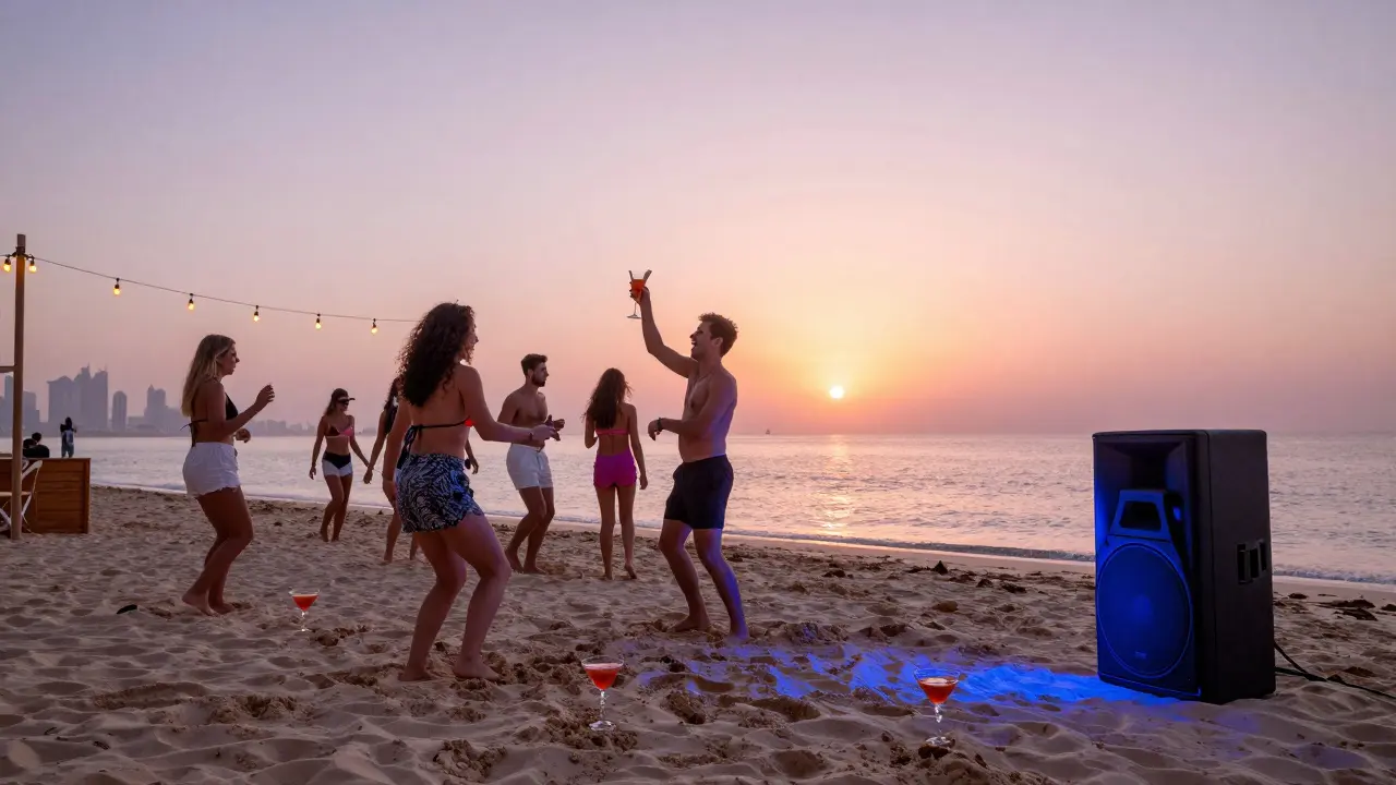 Beach club revelers dancing at sunrise on Palm Jumeirah with ocean and string lights.