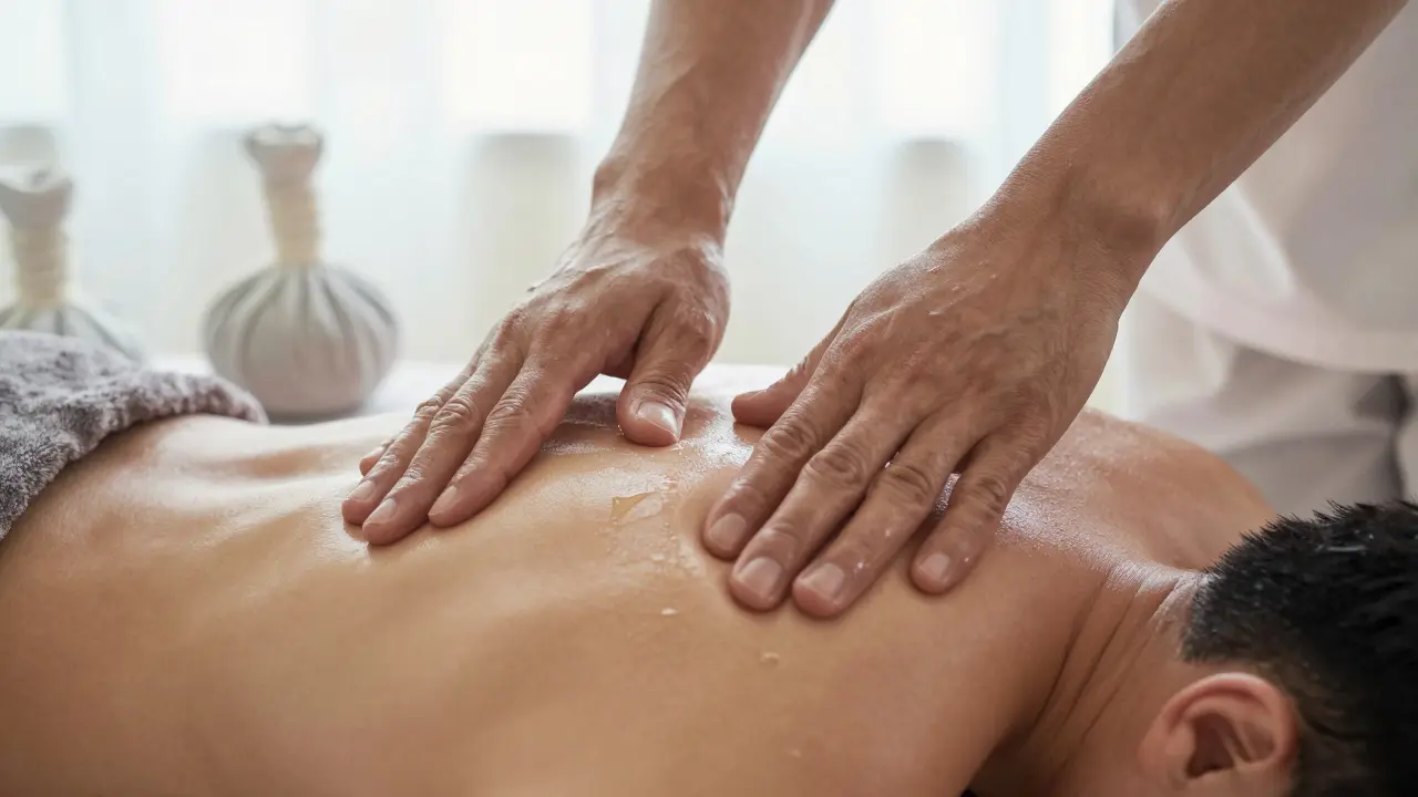 Close-up of hands working deeply into shoulder muscles, with oil and heat packs visible.
