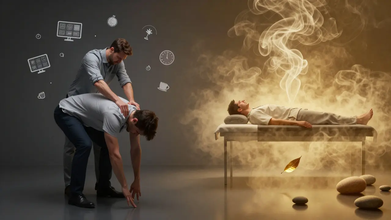 Conceptual split image showing stress transforming into peace through massage, with golden oud smoke and gold leaf.