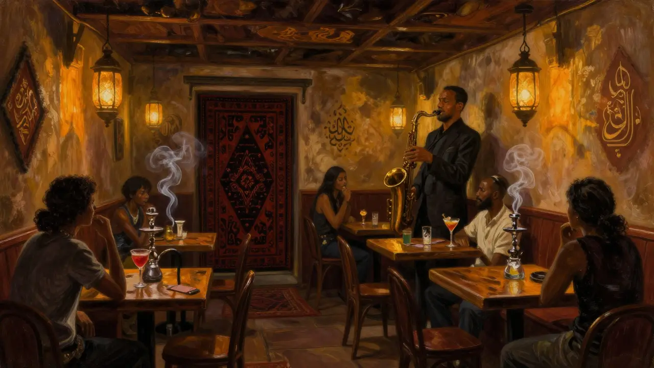 Cozy underground jazz bar in Al Quoz with warm lantern light, a saxophonist playing, and patrons enjoying hookah in dim ambiance.