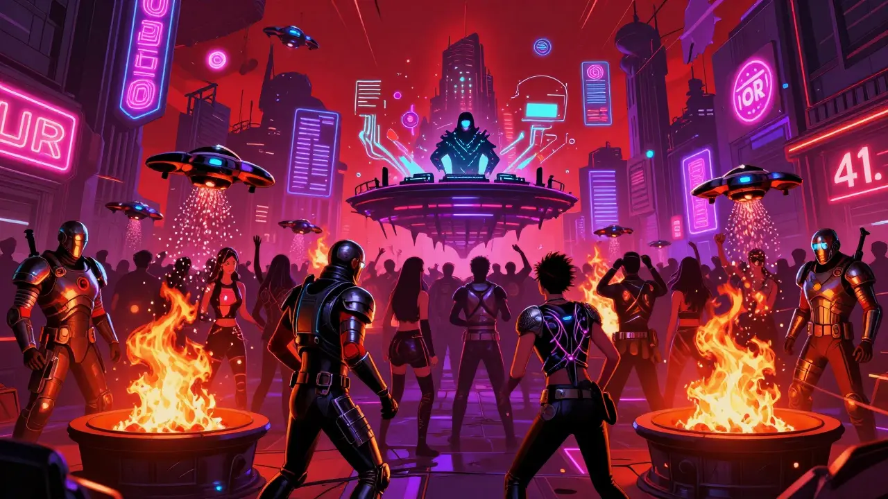 Cyberpunk rave in a post-apocalyptic setting with armored bouncers, fire pits, and glitter-dropping drones above a neon-lit crowd.
